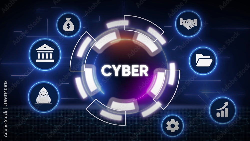 Poster digital network illustrating cyber concepts with icons and central text technology finance