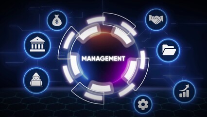 Digital management concept with icons for finance security and growth on dark background business strategy