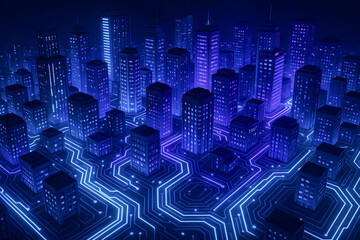 Futuristic cybernetic cityscape glowing at night with illuminated skyscrapers and circuit-like streets. concept of urban innovation, technological advancement, digital infrastructure