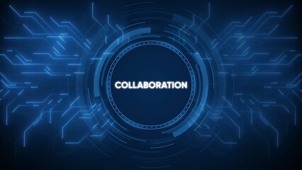 Digital network interface with the word COLABORATION in the center on a dark blue background