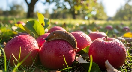 Red Apples on Grass in Autumn Sunlight.