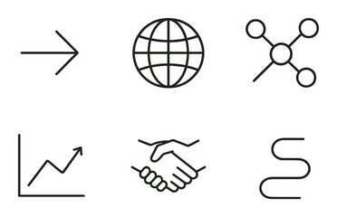 Business and network linear icon set. featuring arrow, globe, network, graph, handshake, and path symbols.