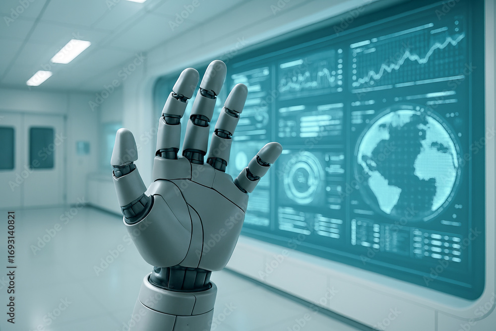 Poster robotic hand interface with digital display in futuristic lab environment. concept of artificial int