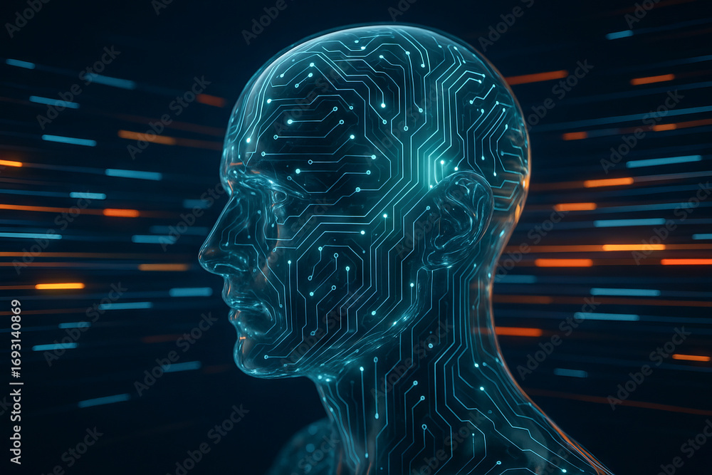 Poster futuristic digital human head with circuit patterns in motion. concept of artificial intelligence, t
