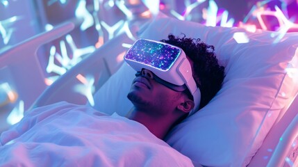 A male AfricanAmerican patient hospital bed participates virtual reality experience illustrating healthcares evolution through technology improves recovery and rehabilitation via digital entertainment