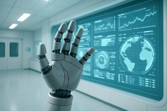 Robotic hand interface with digital display in futuristic lab environment. concept of artificial intelligence, human-robot interaction, future technology.