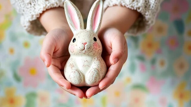Hands presenting adorable ceramic bunny with spring floral background in gentle focus - Powered by Adobe