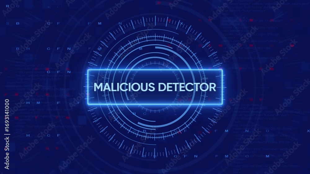Aufkleber digital screen displaying maliciousdetector text within a neon blue circular interface on a dark blu