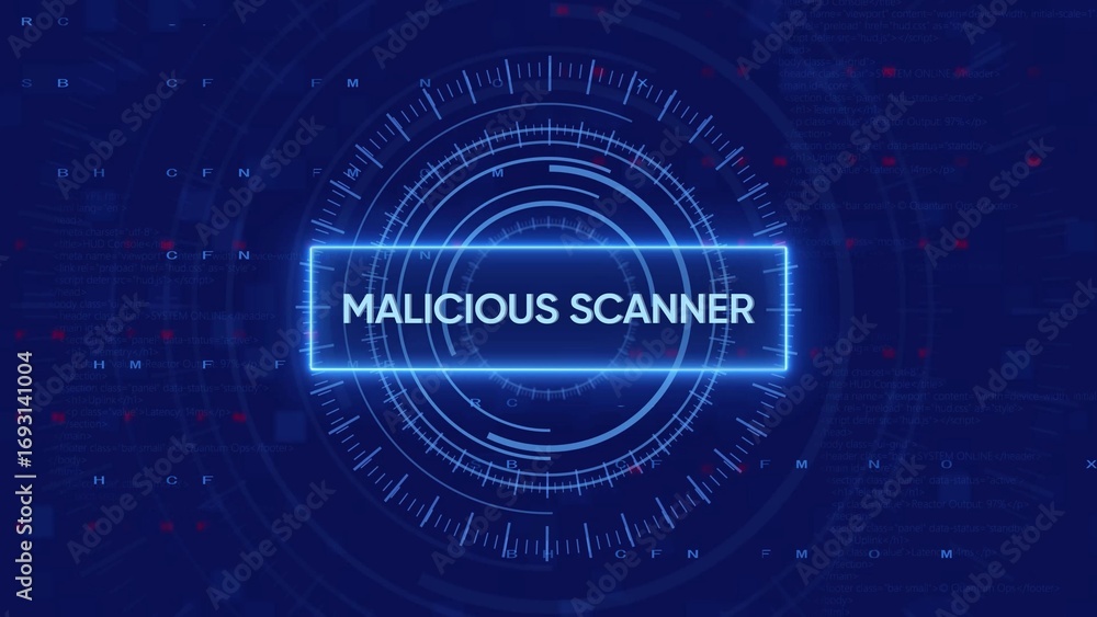 Aufkleber digital screen displaying maliciouscaner text within a neon blue circular interface on a dark blue b