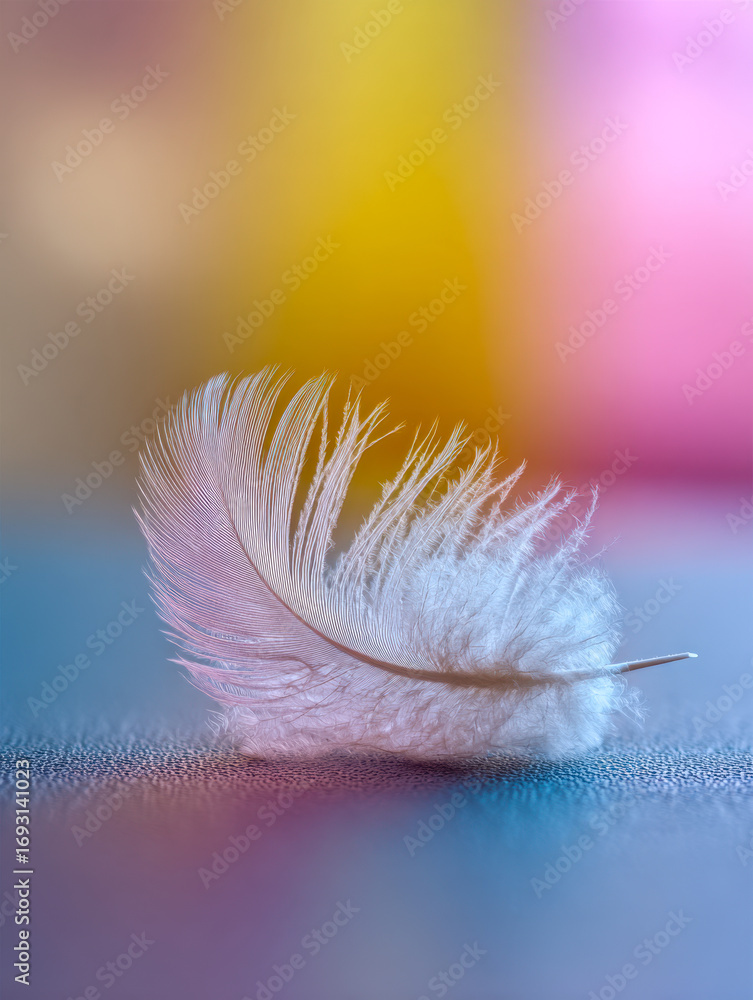 Poster soft white feather resting gently on a textured surface with a dreamy colorful pastel background cre