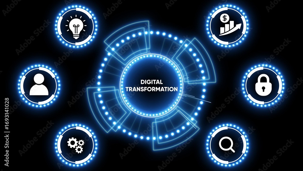 Poster digital transformation concept with glowing blue hud elements and icons on black background change