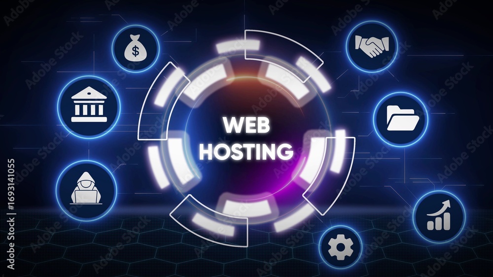 Aufkleber digital web hosting concept with icons representing finance security data and growth internet server