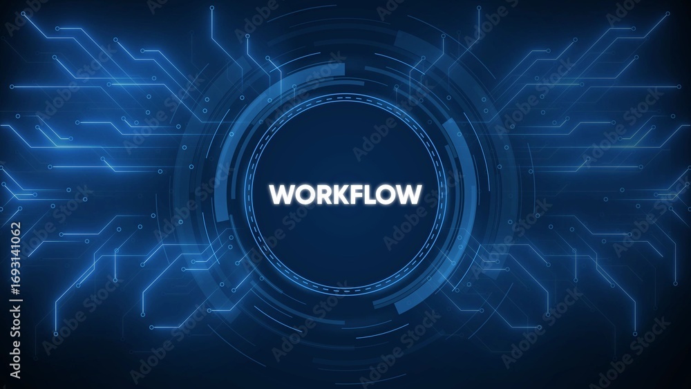 Aufkleber digital workflow technology concept with glowing circuit lines and central circle process system
