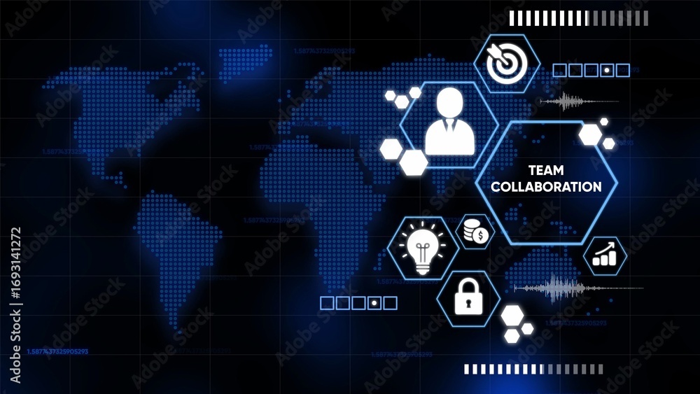 Aufkleber digital world map with team collaboration infographic icons and data visualizations technology