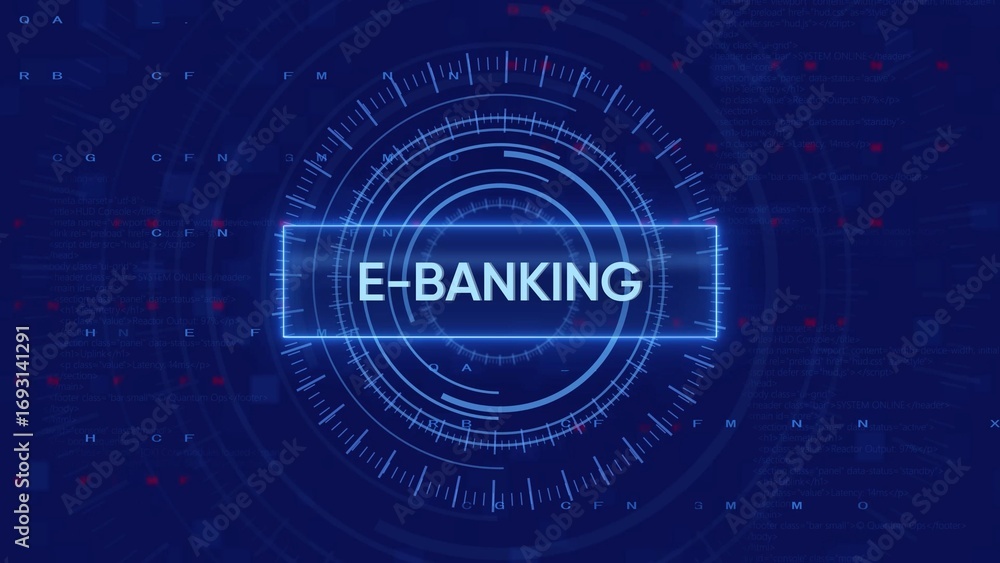 Poster e- banking interface with glowing neon text and digital data visualization e-banking online banking