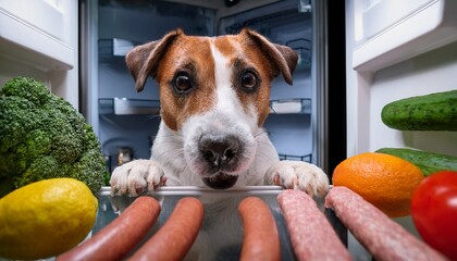 jack russell terrier steals sausages from refrigerator dog inside kitchen stealing food from fridge funny pet up to mischief unhealthy eating
