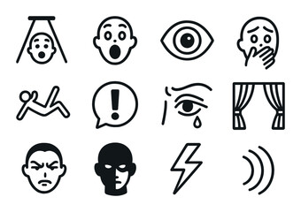 Emotions silhouette icon set. featuring scream, shocked, eye, anxious, exercise, alert, crying, curtain, angry, villain, thunder, sound.