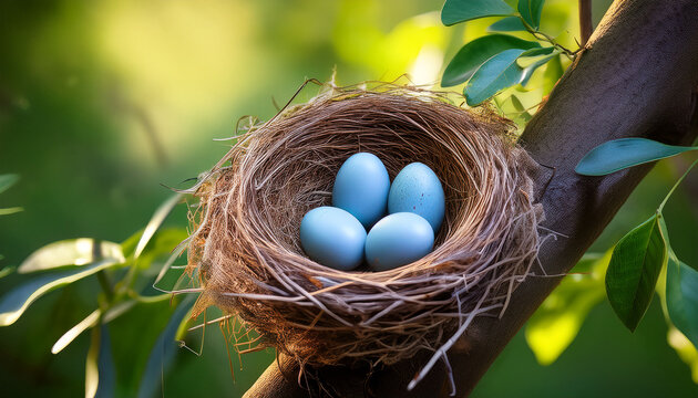Birds Nest With Blue Eggs On Branch Vibrant Foliage Backdrop Enhances Natural Beauty