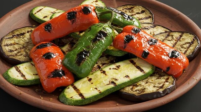Grilled veggies zucchini peppers eggplant are drizzled woil on a terracotta plate