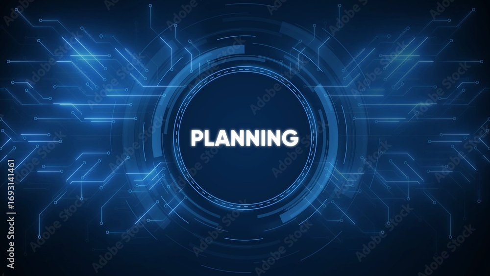 Aufkleber futuristic abstract background with glowing blue circuit board patterns and the text planing in the 