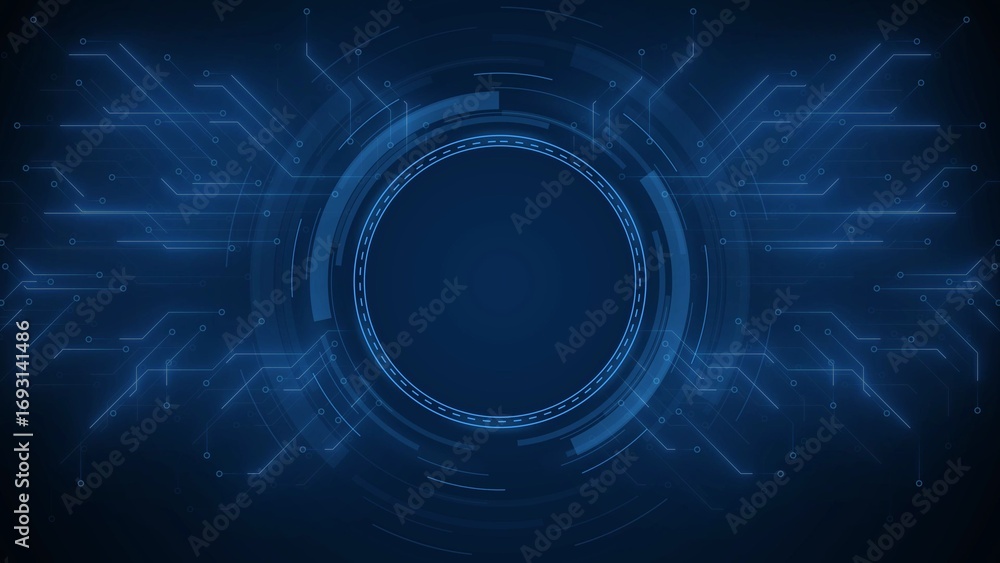 Poster futuristic blue digital circuit board with central circular interface and glowing lines abstract bac