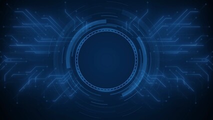 Futuristic Blue Digital Circuit Board with Central Circular Interface and Glowing Lines abstract background