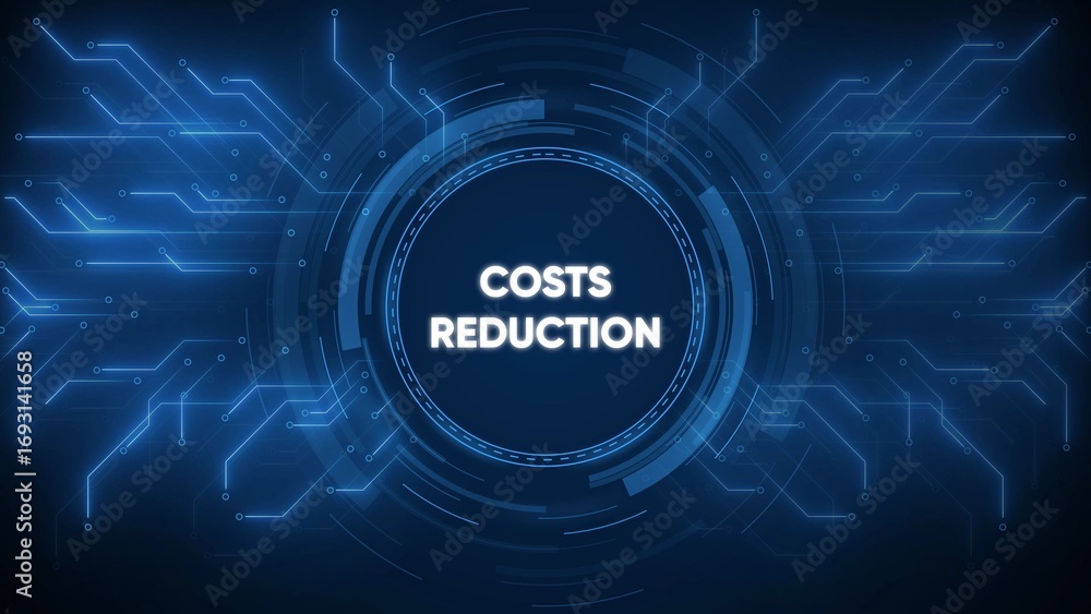 Poster futuristic digital background with blue circuit board patterns and the words costsreduction in a cen