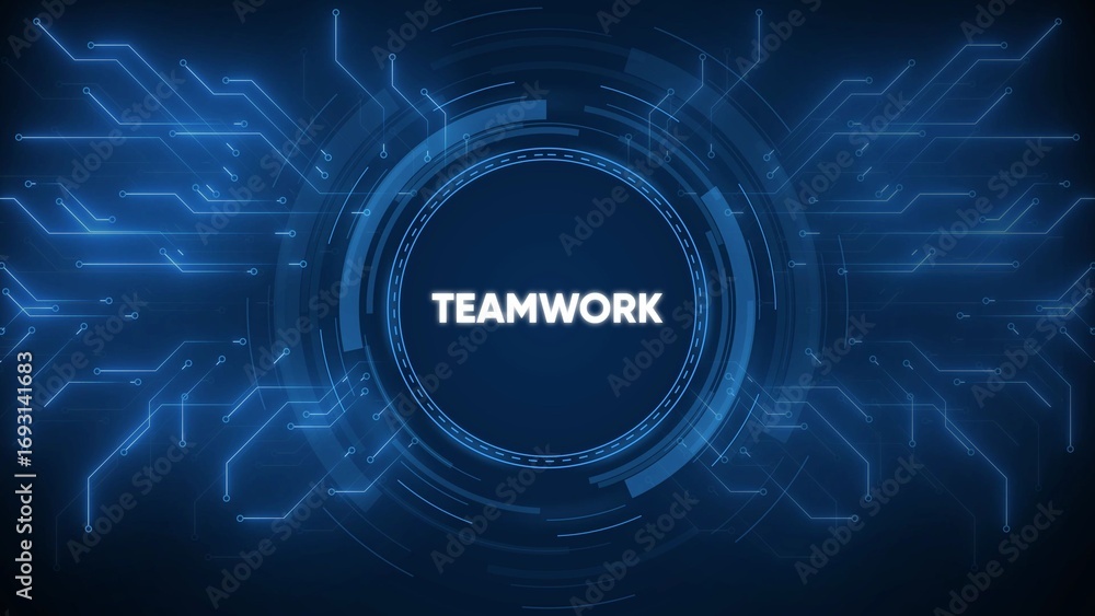 Poster futuristic digital circuit board with teamwork text in center collaboration business