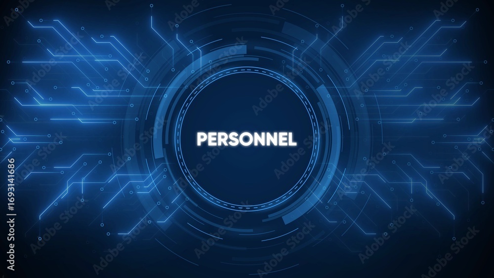 Poster futuristic digital background with glowing blue circuit board patterns and the text personel in the 