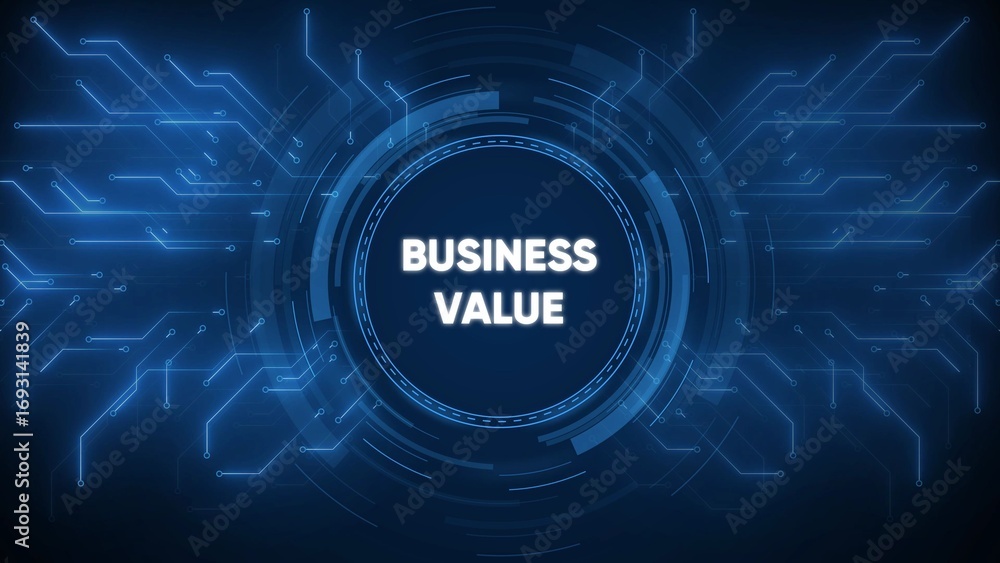Poster futuristic digital hud interface with the words businesvalue in the center on a dark blue background