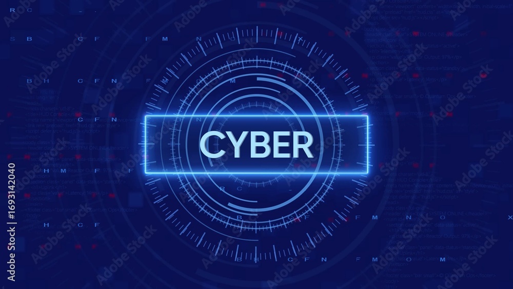 Poster futuristic digital interface shows cyber text within a circular hud on a dark blue background with d