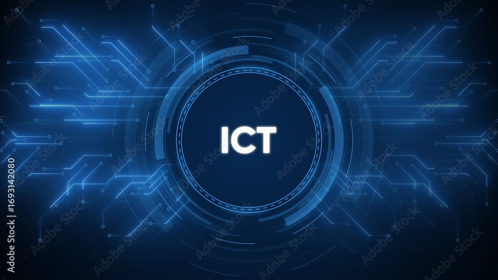 Aufkleber futuristic digital network with ict text in center abstract background