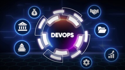 Futuristic digital network illustrating Dev Ops concept with interconnected icons for business and technology
