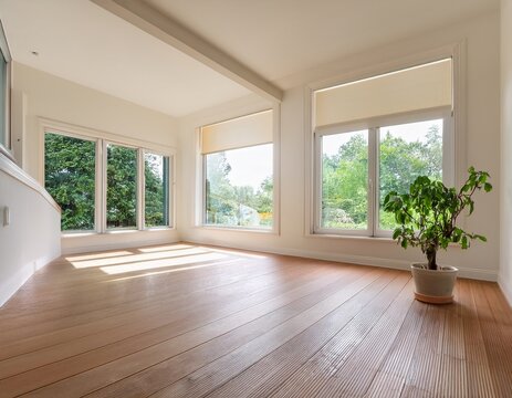 Fototapeta empty bright room with large windows overlooking a garden natural light streams in highlighting the wooden floor and white walls a potted plant sits in the corner