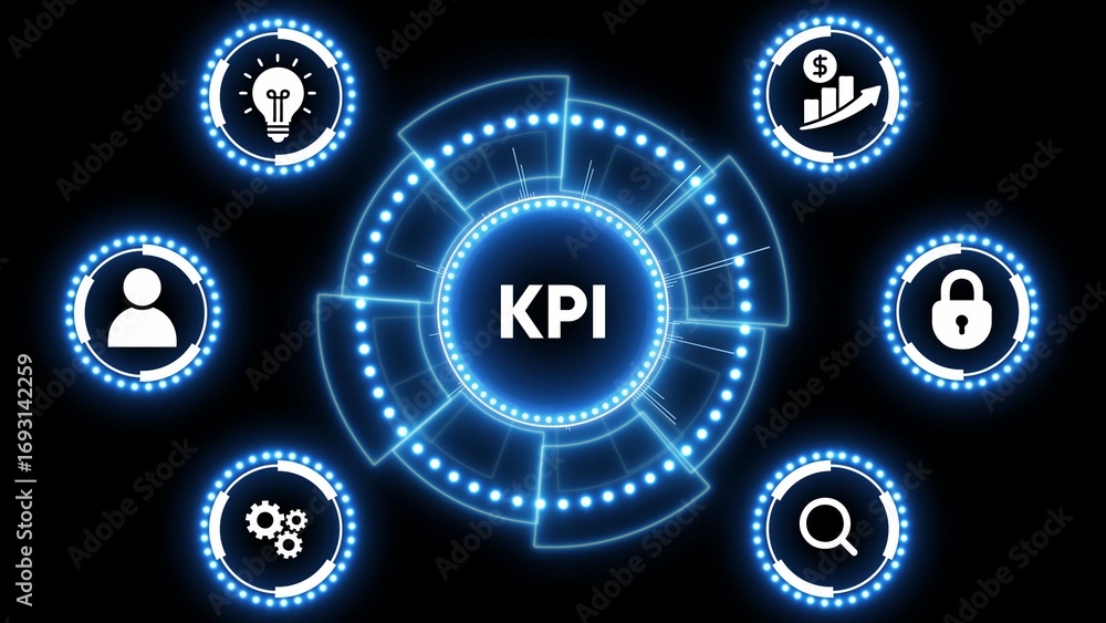 Aufkleber futuristic neon blue circular interface displaying kpi and business icons on black background key pe