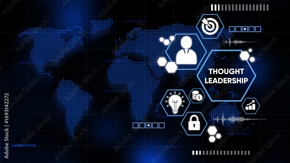 Poster global digital map with thought leadership icons and futuristic data visualization world map technol