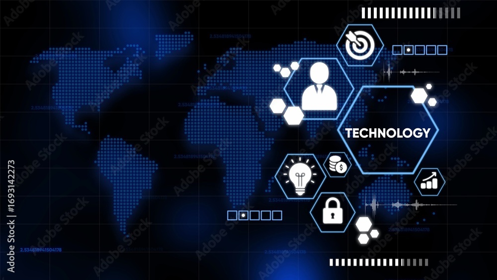 Aufkleber futuristic world map with technology infographic icons and digital data streams image photo