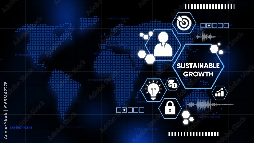 Poster global growth strategy concept with digital world map and futuristic interface icons image photo