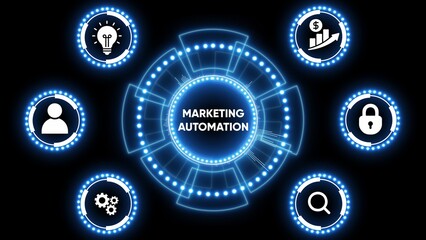 Futuristic Neon Blue Circular Interface Displaying Marketing Automation and Business Icons on Black Background