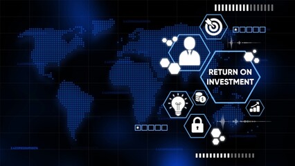 Global Business Concept with Return on Investment Icons and Digital World Map finance