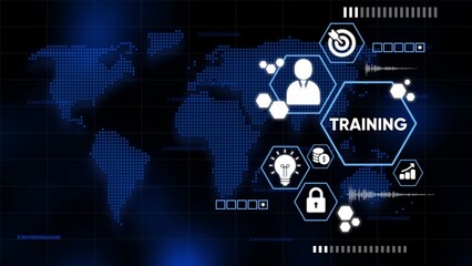Global Digital Training Concept with World Map and Business Icons on Dark Blue Background education learning