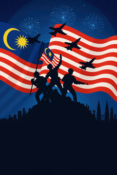 Patriotic silhouettes proudly raising Malaysian flag against glowing city skyline