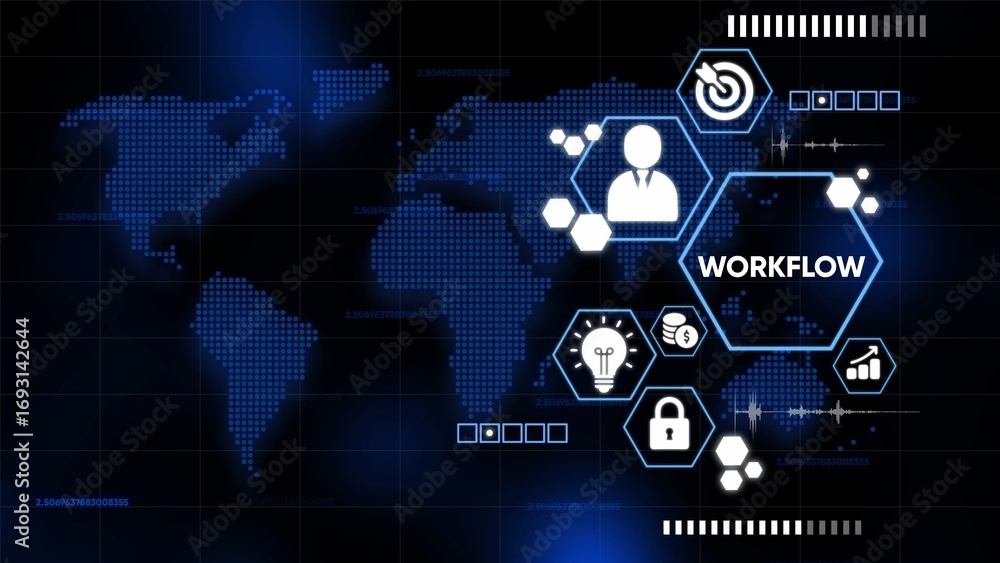 Poster global workflow management concept with digital icons and world map business