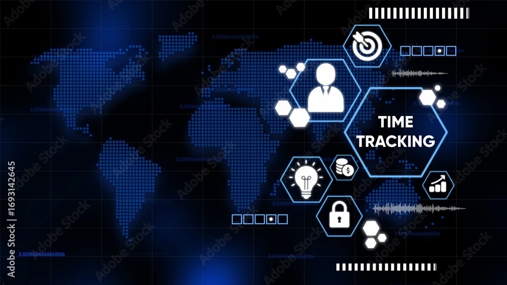 Aufkleber global time tracking infographic with world map and digital data elements icons