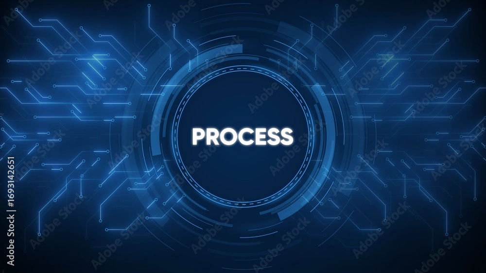 Poster glowing blue digital circuit board pattern with central circle showing the word proces abstract