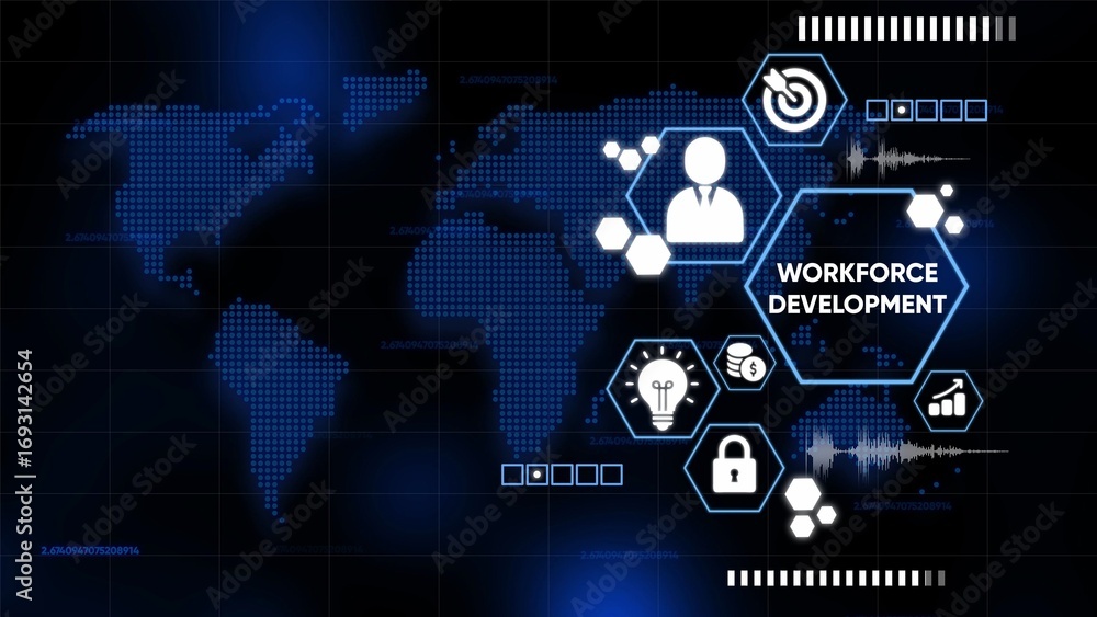 Poster global workforce development concept with digital world map and icons technology