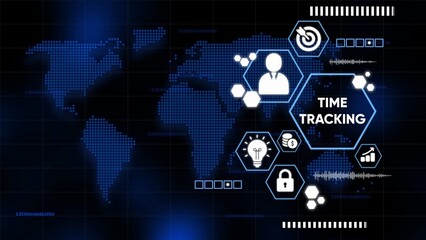Global Time Tracking Infographic with World Map and Digital Data Elements icons