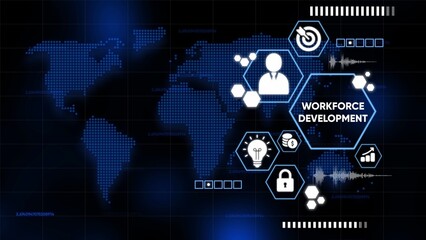 Global Workforce Development Concept with Digital World Map and Icons technology