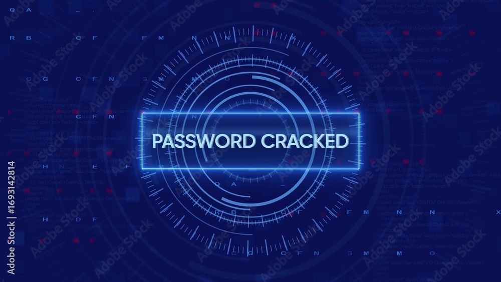 Poster glowing blue text paswordcracked appears on a digital interface with concentric circles and code aga