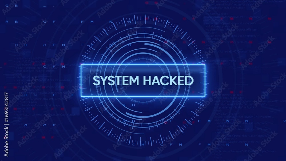 Aufkleber glowing blue text systemhacked appears in a digital hud with circular elements and code on a dark bl